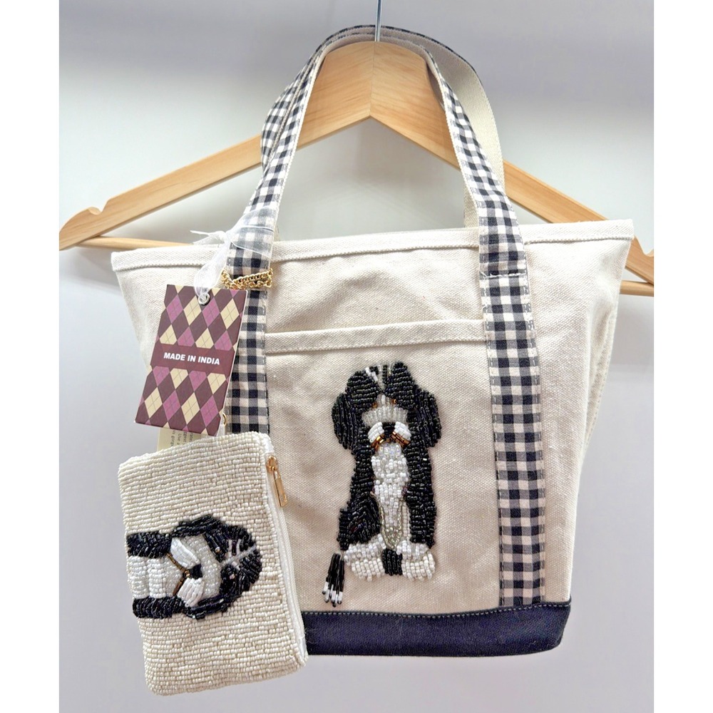 Canvas Hand Beaded Tote Bag Dog Bernedoodle with Coin Pouch NWT Pets